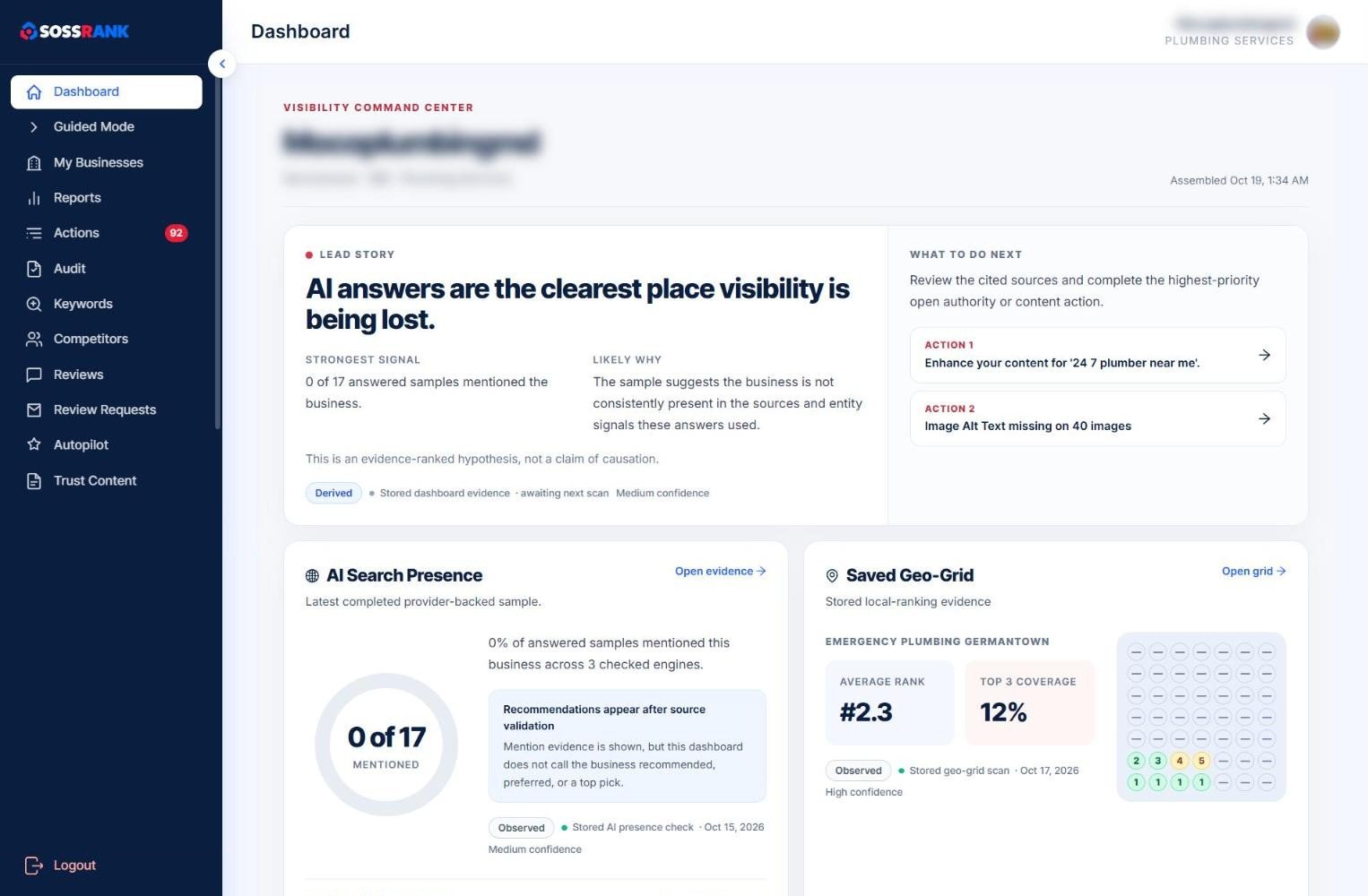 The SOSSRANK dashboard: lead story, recommended next actions, AI search presence and a saved geo-grid